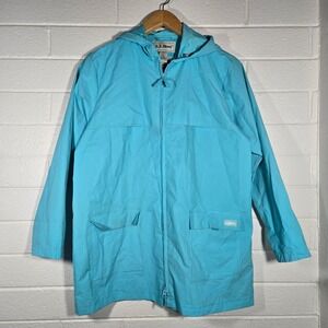 LL Bean Rain Jacket Large Blue Hooded Full Zip Windbreaker Rain Spring Bright
